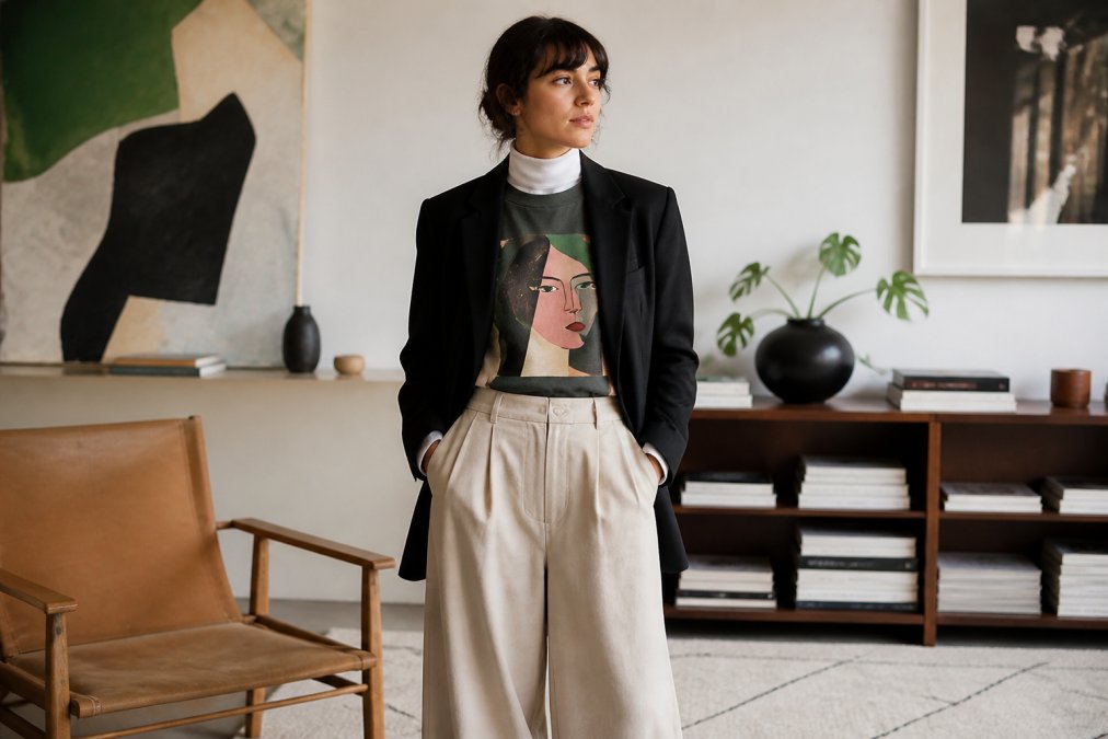 Woman layering artistic clothes with a turtleneck, graphic sweatshirt, and structured blazer in a modern room.