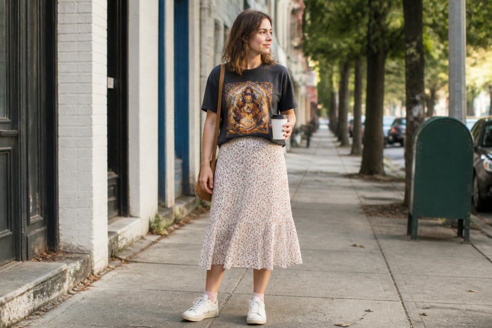A young woman wearing an oversized artistic graphic tee tucked into a flowing midi skirt, standing on a city sidewalk with sneakers, natural daylight, candid street-style shot