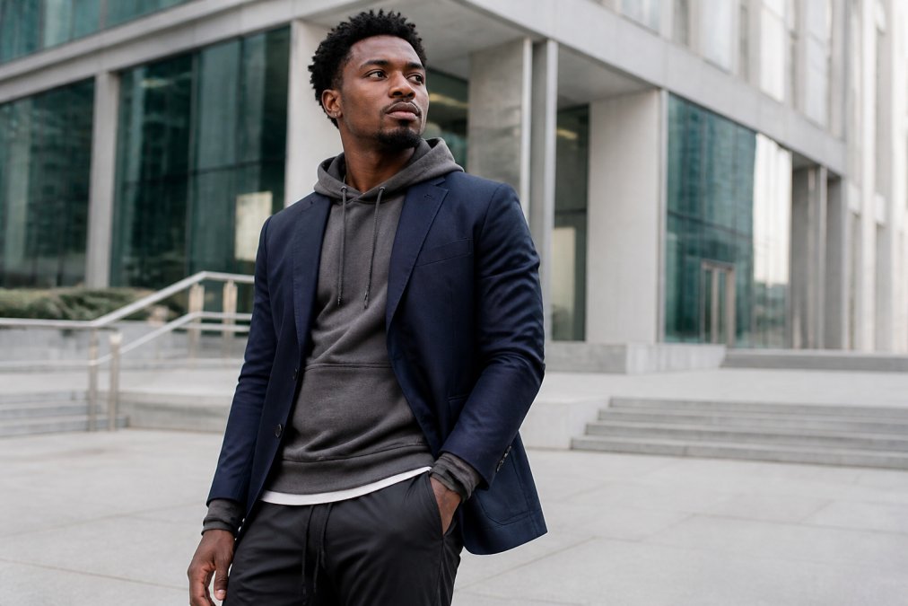 Man wearing layered athletic streetwear ensemble with fitted compression base layer visible at wrists, oversized charcoal hoodie as middle layer, and structured navy blazer as outer layer, standing in urban setting with modern architecture and natural daylight