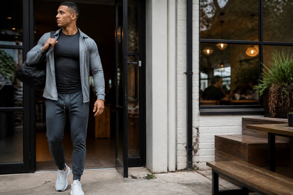 Man styled in premium tapered joggers paired with fitted dri-fit compression shirt and lightweight structured overshirt, transitioning from athletic setting to urban café environment with natural window lighting