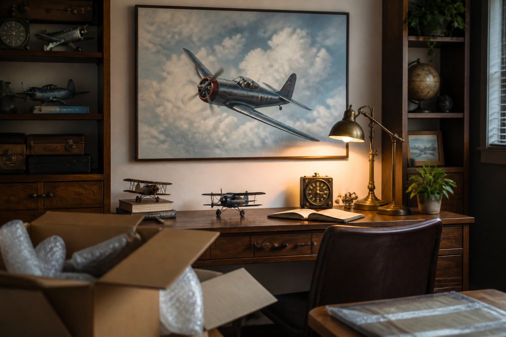 A well-appointed home office with a large watercolor aviation print hanging prominently above a wooden desk, flanked by vintage aviation memorabilia and a warm desk lamp creating soft lighting