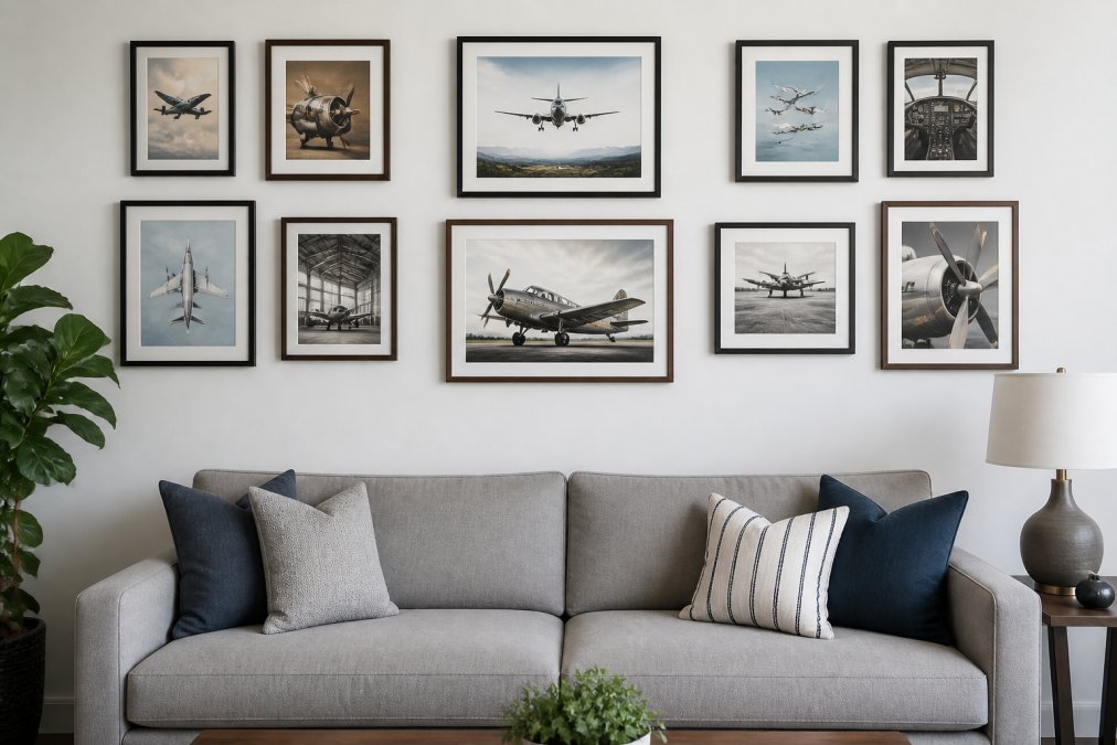 A gallery wall arrangement featuring multiple framed aviation prints in varying sizes and frame styles, symmetrically arranged on a light wall, with a modern sofa and throw pillows below
