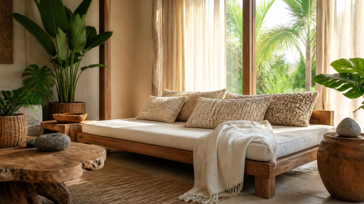 Serene living room featuring a teak daybed and plants to style balinese furniture with natural textures.