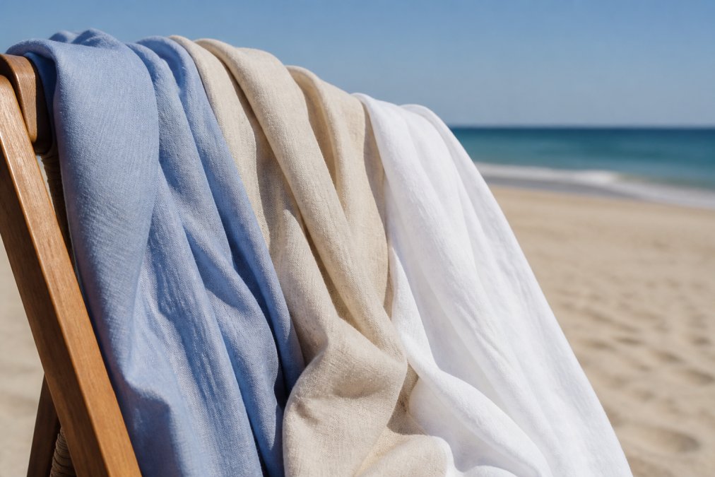 Close-up of lightweight linen and cotton fabrics draped over a wooden chair on a sunny beach, showing breathable natural weave and soft folds in bright daylight