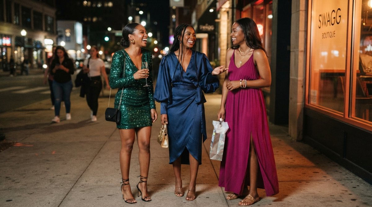Three women standing side-by-side wearing mini, midi, and maxi birthday dresses in complementary colors, each styled with appropriate footwear and accessories for a night out