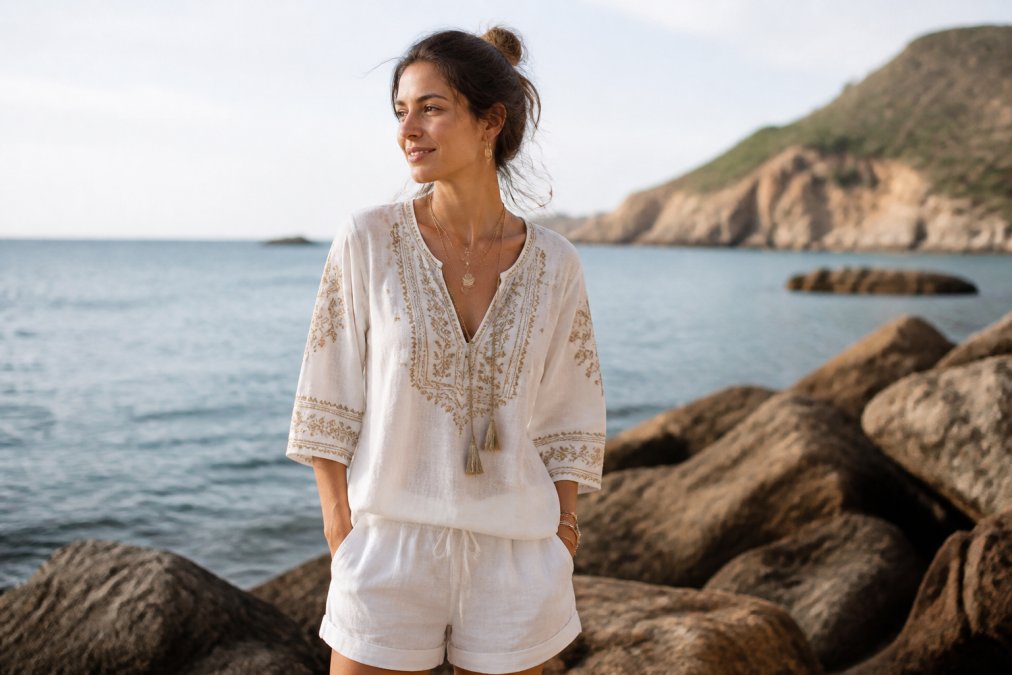Woman wearing a hand-embroidered bohemian tunic paired with white linen shorts, standing near ocean water with relaxed posture and layered gold jewelry