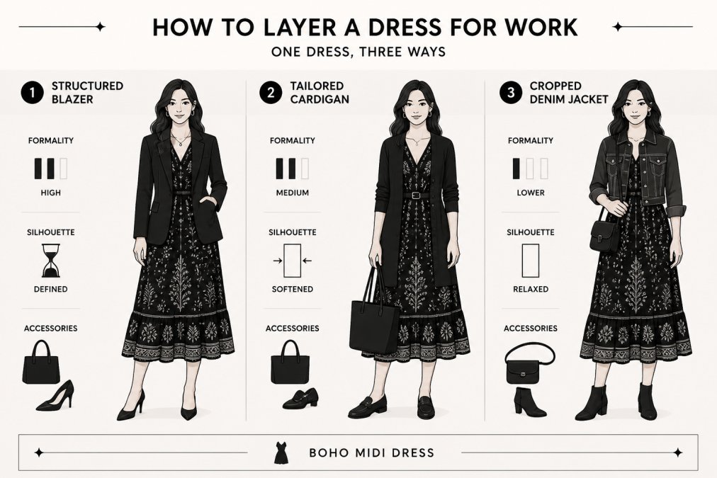 Side-by-side comparison of the same boho midi dress styled three ways, with a structured blazer, a tailored cardigan, and a cropped denim jacket, showing how each layer changes the formality and silhouette