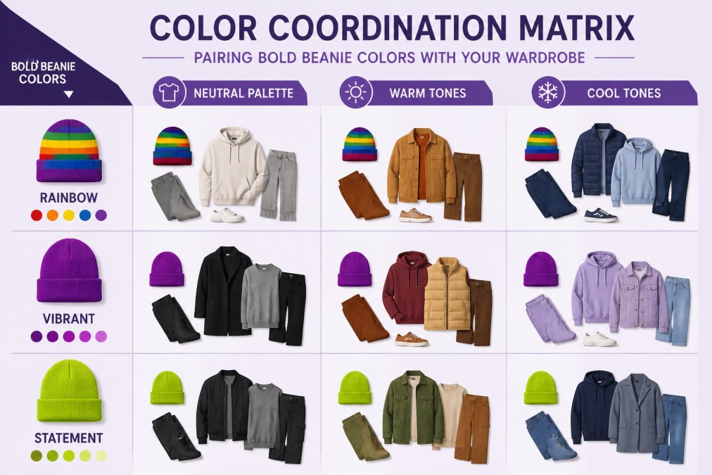 Color coordination matrix for pairing vibrant beanie colors with neutral, warm, and cool tone outfits.