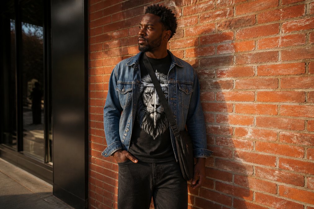 A man wearing a bold graphic t-shirt featuring a lion design under an open denim jacket, paired with dark straight-leg jeans and a black crossbody bag, standing against a brick wall in late afternoon sunlight