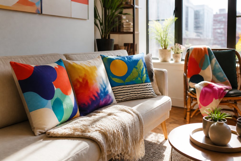 Neutral sofa styled with pillows in bold colors and a woven blanket in a sunlit living room