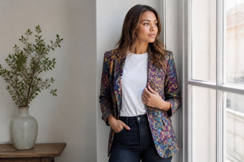 Woman wearing a bold patterned statement blazer in jewel tones paired with simple white crew-neck tee and dark fitted jeans, standing in natural window light with neutral background