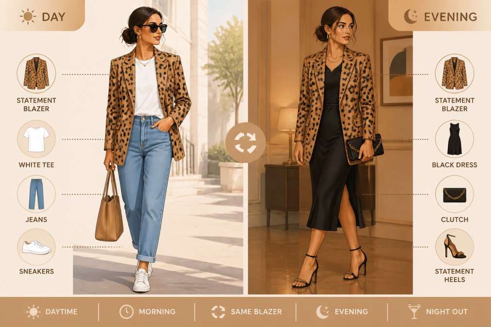 Split-screen showing woman in daytime look with bold statement blazer, white tee, and jeans in morning light, then evening look with same blazer, elevated black dress, and statement heels in warm indoor lighting