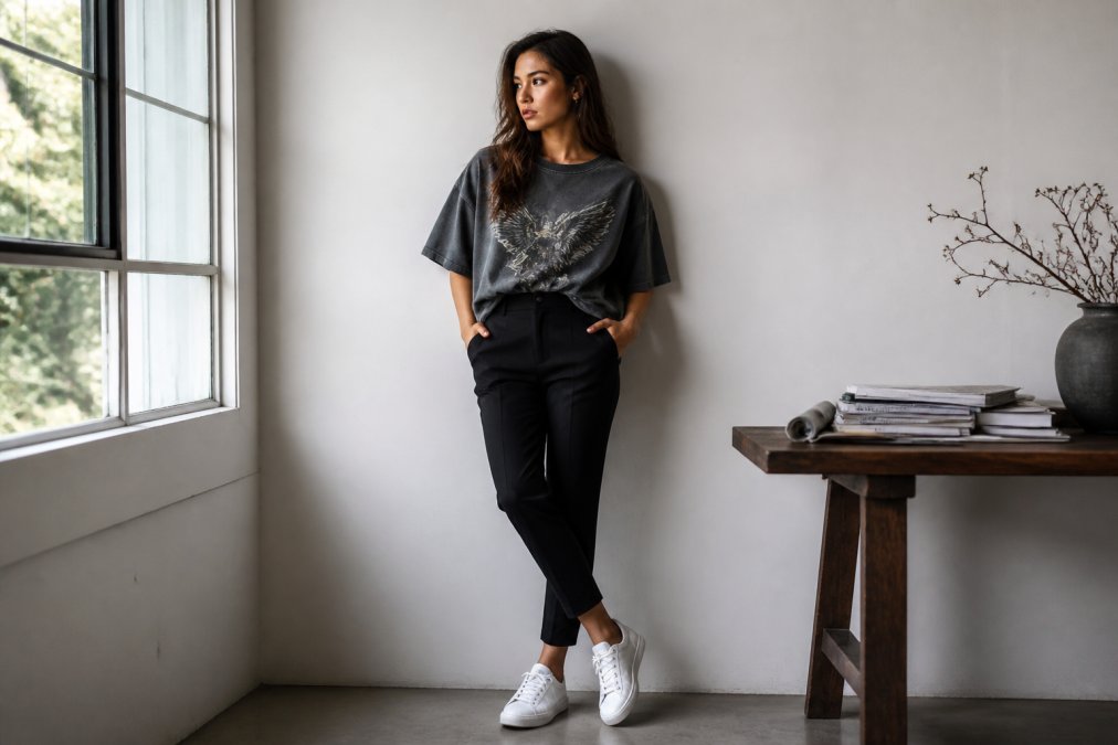 A confident woman wearing an oversized vintage graphic tee tucked into fitted black pants with white minimal sneakers, standing in natural window light against a neutral wall, showcasing balanced proportions and visual restraint