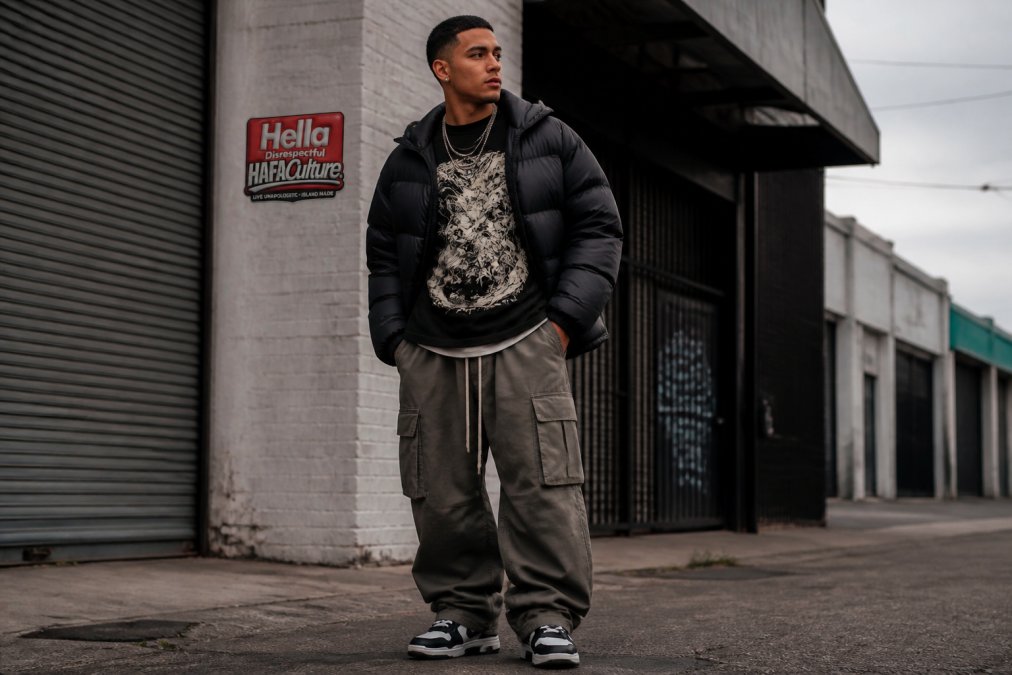 A person wearing a heavyweight graphic tee under an open puffer jacket with baggy cargo pants, standing in an urban setting, showing visible layering with a relaxed fit