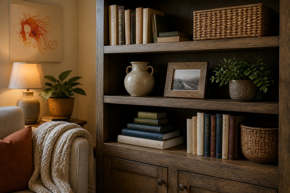 Cozy corner featuring a lived-in bookshelf styled with ceramic vases, framed photos, and a soft throw blanket nearby.