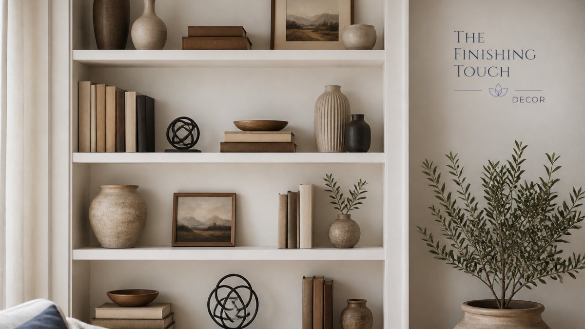 Styled bookshelf displaying layered books in warm earth tones, ceramic vases in varying heights, small iron sculptures, and framed artwork arranged with intentional gaps and visual balance throughout multiple shelves