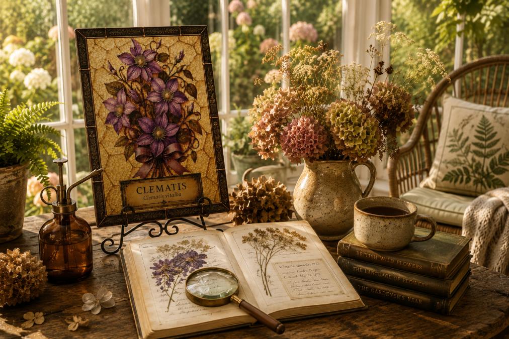 Botanical gallery wall with framed botanical prints, linen sofa, green pillows, and fiddle-leaf fig