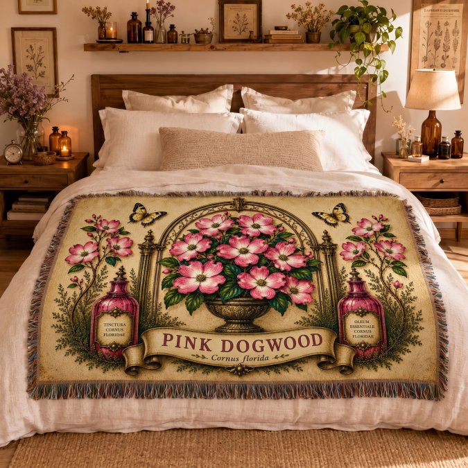 Botanical bedroom with floral bedding, woven throw, decorative pillows, and natural linen textures