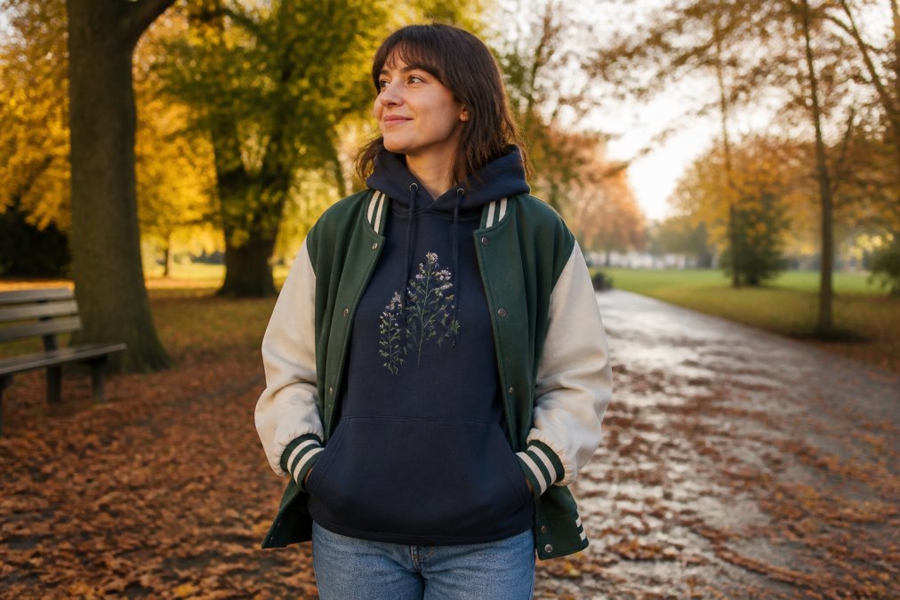 A person wearing a navy botanical embroidered hoodie layered under an open varsity jacket, standing outdoors in an autumn park with fallen leaves on the path and soft afternoon light