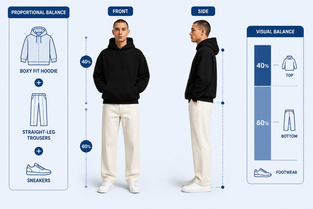 Person wearing a boxy fit hoodie in black with straight-leg cream-colored trousers and white sneakers, standing in natural daylight showing balanced proportions from front and side angles with relaxed posture