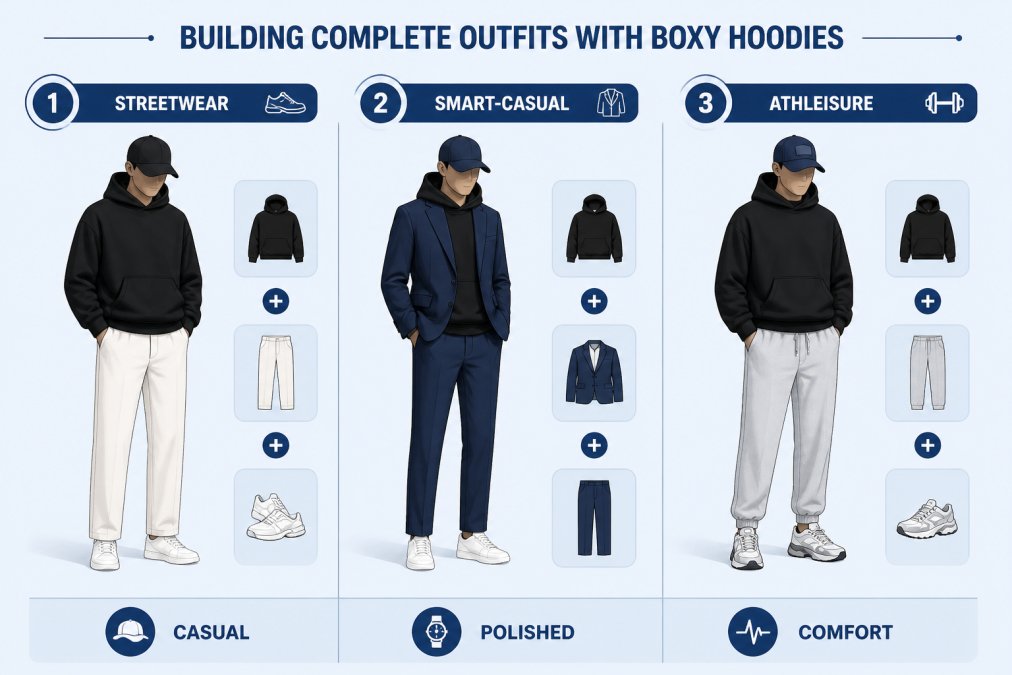 Three different complete outfit setups displayed side by side: first featuring a boxy black hoodie with straight-leg cream trousers and white sneakers for streetwear, second with a boxy hoodie layered under a structured blazer with tailored trousers for smart-casual, third showing a boxy hoodie with relaxed sweatpants and chunky sneakers for athleisure, all in natural indoor lighting