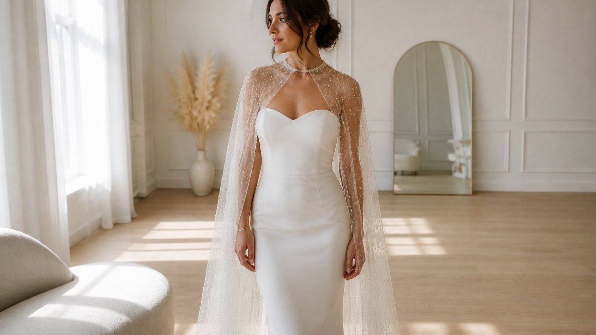 A bride in a minimalist strapless wedding dress wearing a delicate pearl tulle cape, standing in a bright airy room with soft natural light