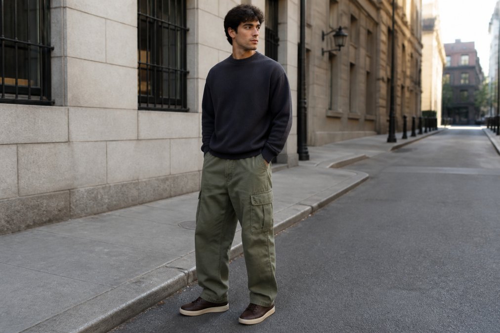 Young man wearing washed olive baggy cargo pants with leather sneakers and a structured crewneck jumper, standing in an urban street setting with natural daylight, demonstrating proportional balance and footwear pairing