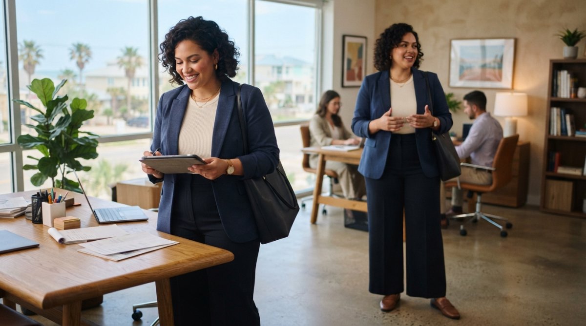 Confident woman styling casual plus size outfits with a structured blazer and wide-leg pants in a modern space.