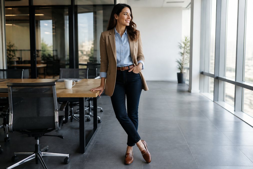 Professional woman wearing tailored blazer over button-down shirt with dark denim and loafers, standing confidently in a modern office setting with natural window lighting
