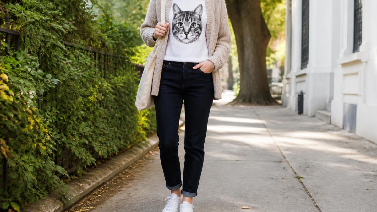 Person wearing a cat-themed graphic tee layered under a neutral cardigan with dark jeans and white sneakers, standing in natural daylight showing the complete outfit from shoulders down