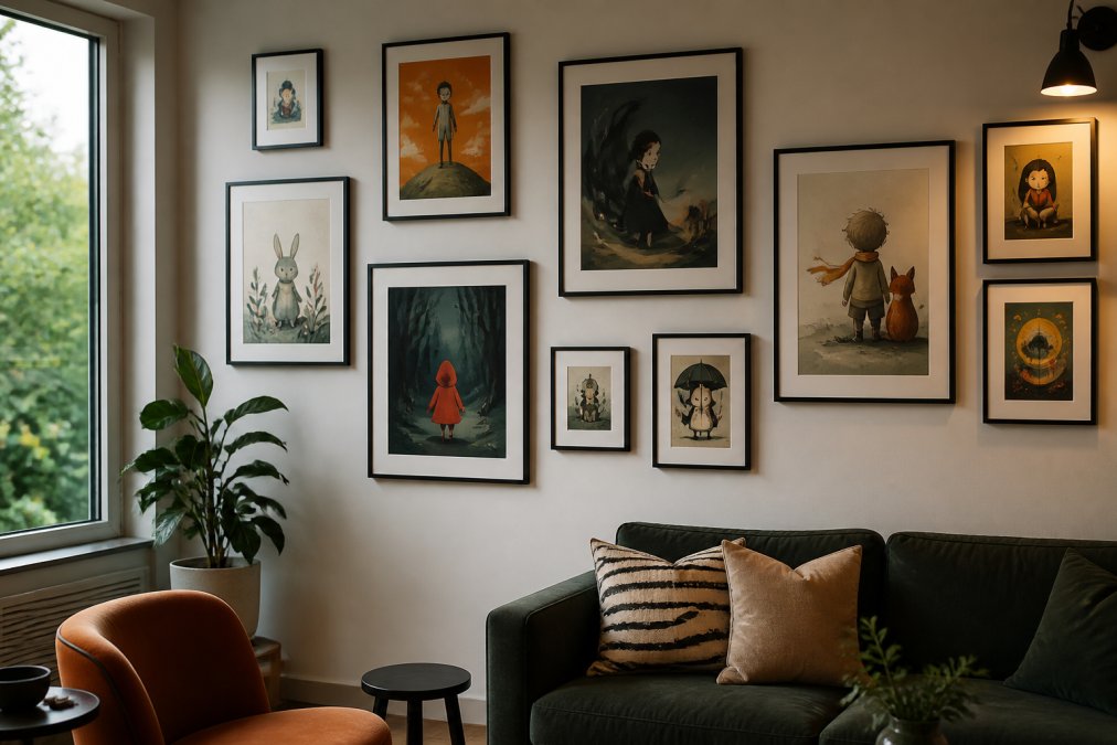 Modern living room wall displaying a curated gallery arrangement of character-inspired art prints in various sizes and frames, showing how different pieces work together with negative space between frames and warm accent lighting