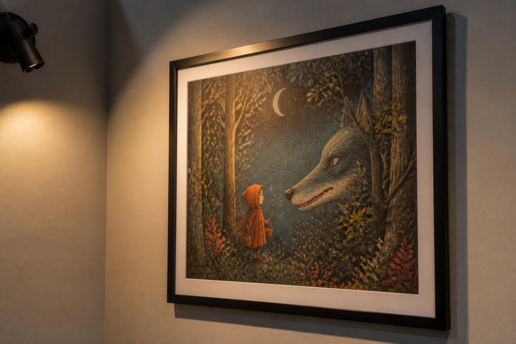 Close-up of a character art print on a wall illuminated by warm accent lighting, showing how proper lighting enhances color saturation and texture without glare on the matte surface