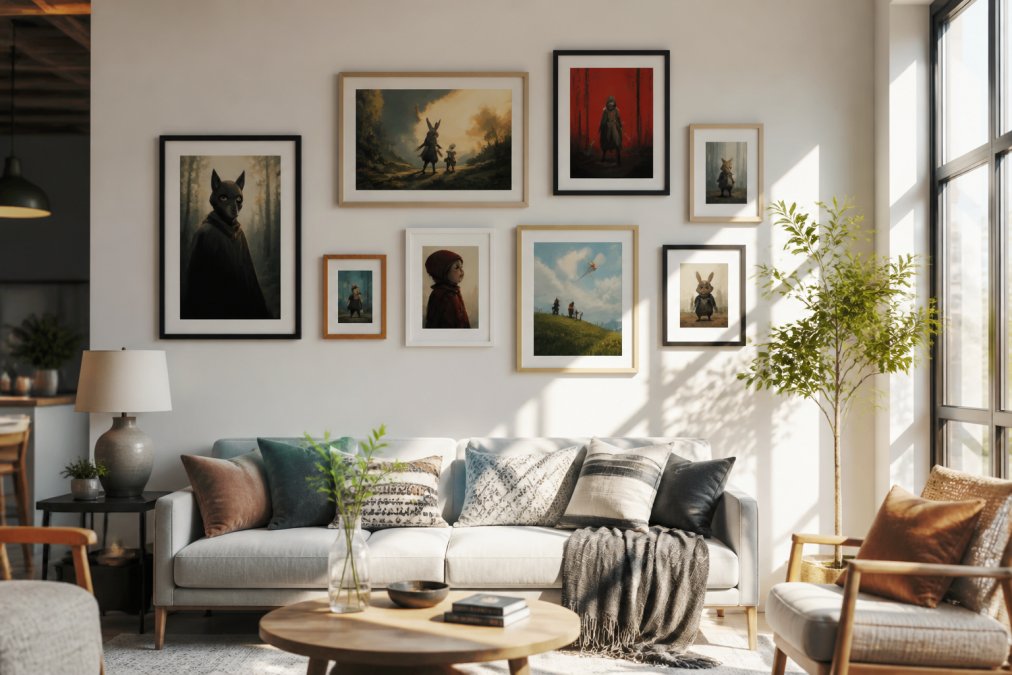 A bright, modern living room with a gallery wall of framed character art prints in varied frame styles and sizes arranged asymmetrically on a white wall, with natural sunlight streaming through large windows illuminating the collection