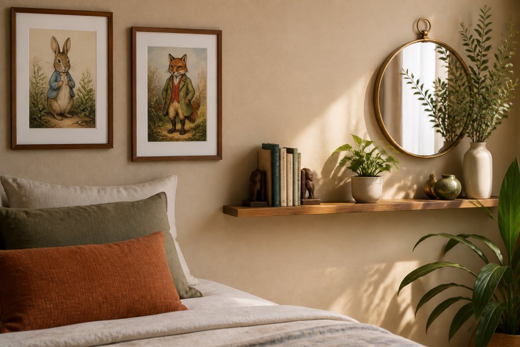 A styled bedroom corner featuring framed character art prints displayed on a warm beige wall alongside a floating wooden shelf holding decorative books, a small potted plant, and a round mirror with a brass frame, with soft natural light creating warm shadows