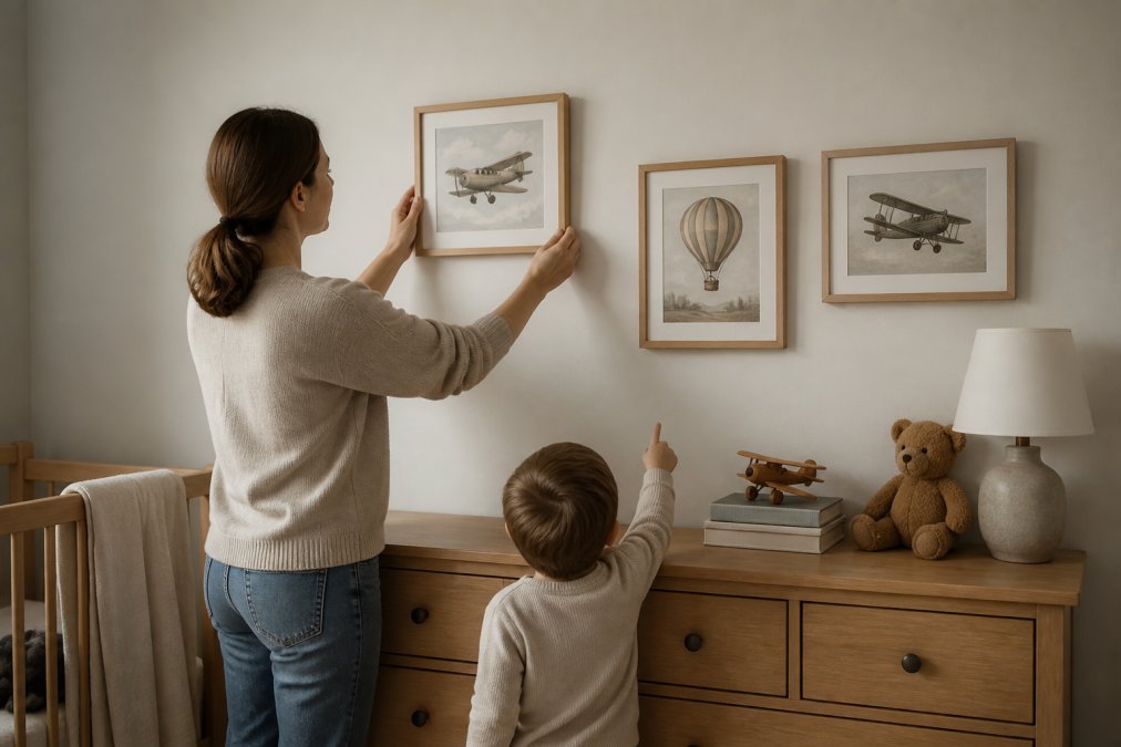 Parent and child arranging framed wall art to match cozy children's room themes above a wooden nursery dresser