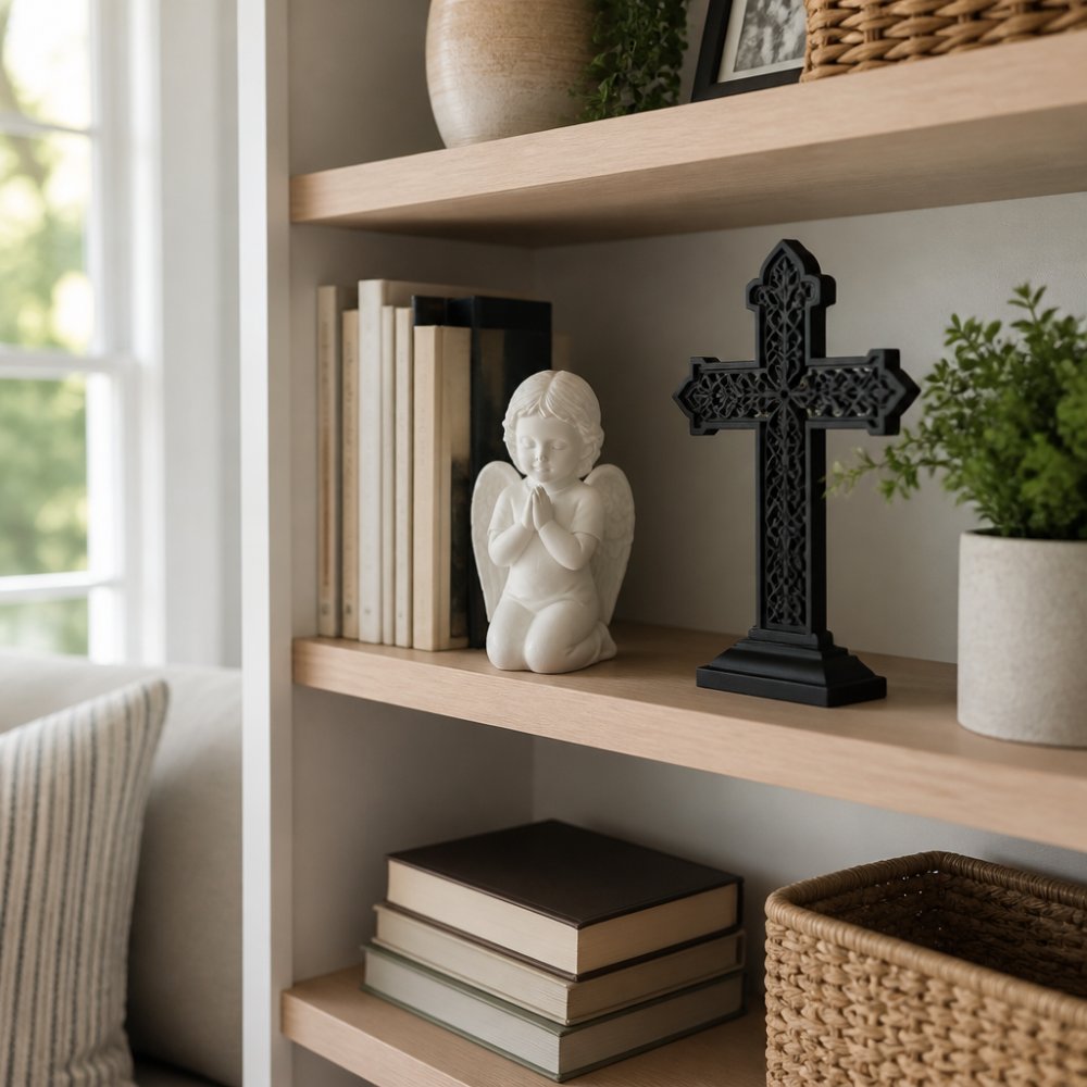 A styled modern bookshelf in a bright living room, featuring a white praying angel figurine and a black scripture cross placed among neutral-toned books and a small green plant, soft natural light from a nearby window