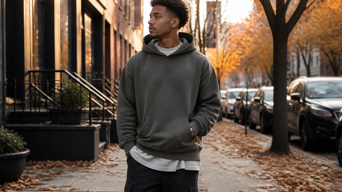 Young man wearing a layered oversized hoodie and graphic tee on a city sidewalk with autumn leaves.