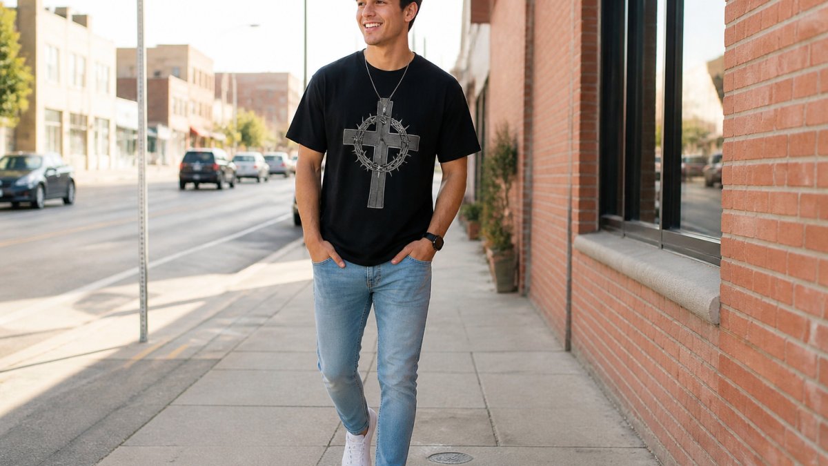 Young adult smiling in a graphic t-shirt, jeans, and sneakers on a sunny city street.
