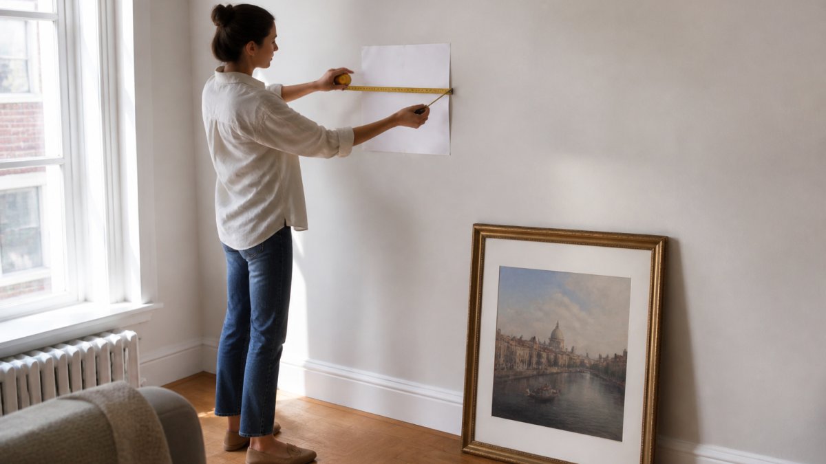 Person using a tape measure and template to position a framed classic art print on a bright apartment wall