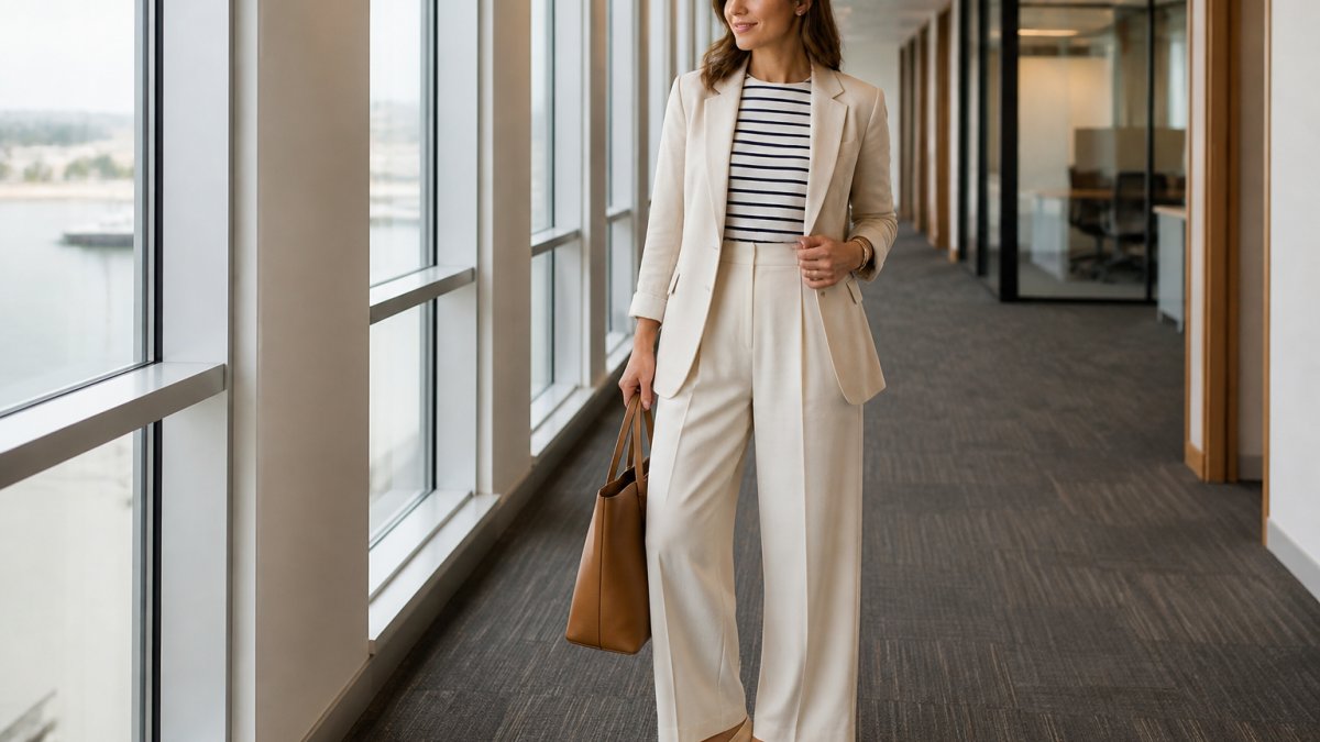 A woman in a light linen blazer, striped top, and wide-leg trousers standing in a bright office hallway, holding a tote bag, with polished flats visible