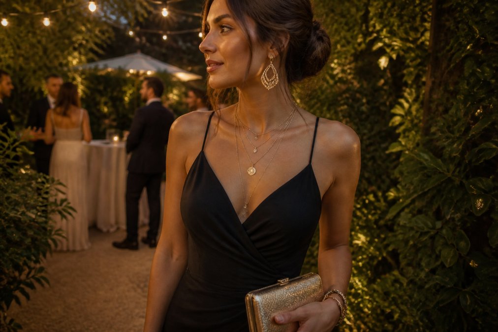 Woman wearing an elegant black cocktail dress with layered gold jewellery, including delicate necklaces and statement earrings, holding a structured metallic clutch at an outdoor evening garden party with soft warm lighting