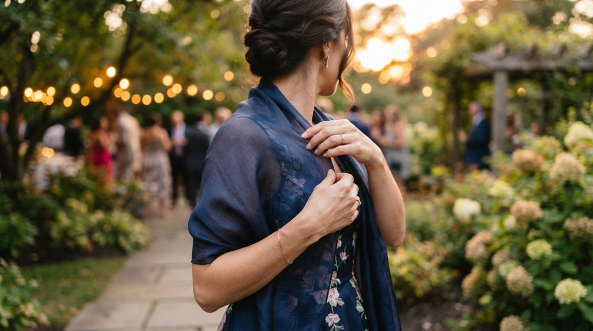 Close-up of hands adjusting a lightweight silk wrap or shawl over a cocktail dress, with evening golden hour lighting and garden party setting visible in soft focus behind