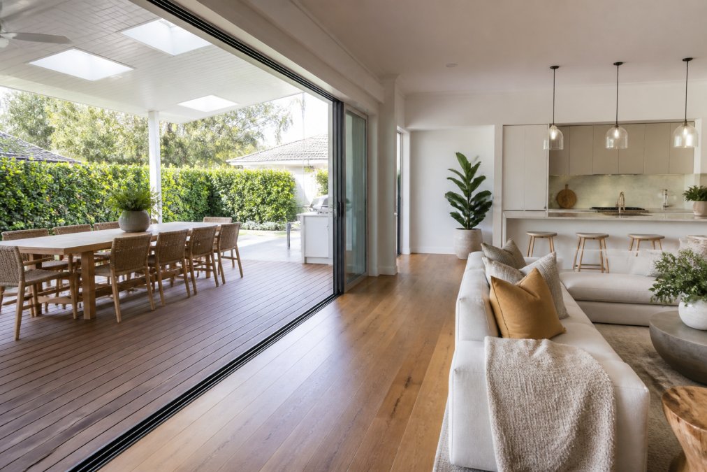 A bright, open-plan Australian home with large glass sliding doors open to a covered alfresco deck, showing the visual connection between a timber-floored living room and an outdoor dining area with a teak table