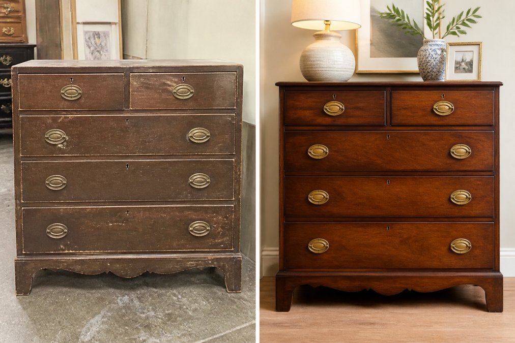 A side-by-side split-screen photograph showing a worn wooden dresser with scratched finish and tarnished hardware on the left side, and the same dresser refinished with fresh warm stain, polished brass hardware, and styled with a table lamp, ceramic vase, and framed photo on the right side
