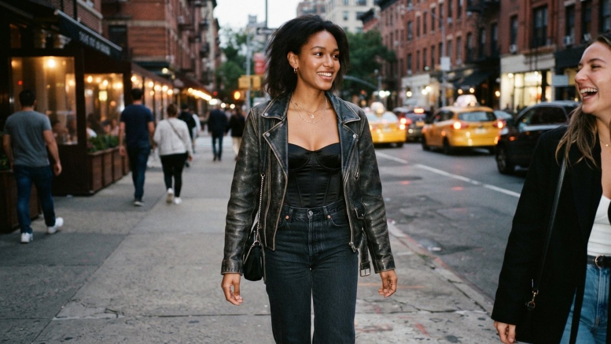 Woman wearing a satin corset top with high-waisted jeans and a leather jacket, standing confidently in an urban evening setting with warm street lighting