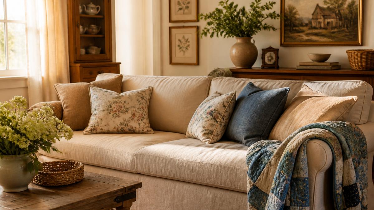 Cozy cottage living room with a linen sofa, floral pillows, a blue patchwork quilt, and vintage wall artwork