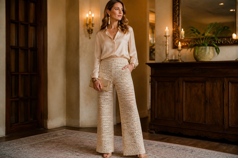 A woman wearing wide-leg crochet pants with a silky blouse and statement earrings, standing in a warmly lit room with a neutral backdrop, showing how jewelry and accessories complete a formal look