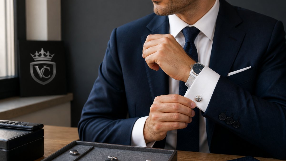 Man in a navy suit wearing polished silver cufflinks on a crisp white French cuff shirt with a visible watch.