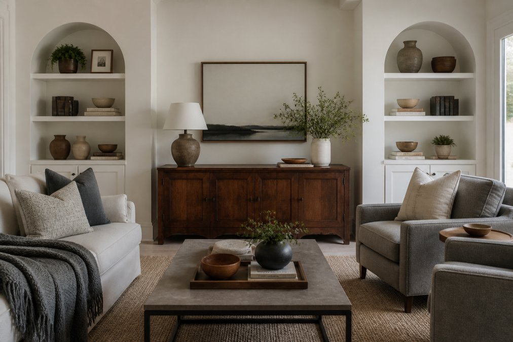 A living room featuring a vintage wooden credenza paired with modern upholstered seating, neutral textiles in cream and gray, and carefully spaced decorative objects on shelves creating visual breathing room