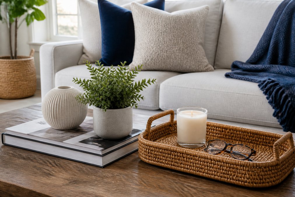 A styled coffee table with a stacked design book as anchor, a small potted plant with green foliage, a decorative ceramic object in neutral tones, and a woven tray holding a candle and reading glasses, arranged with intentional spacing and visual hierarchy
